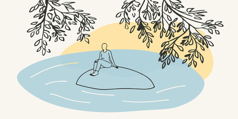 Poster - Slate Blue Water This illustration captures a person seated on a rounded rock with clear slateblue water rushing around their feet. The sun filters through the leaves of