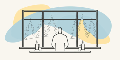 Poster - Snowy Landscape The illustration captures the figure framed by the window surrounded by candles casting flickering shadows on the walls. Through the glass a picturesque snowy