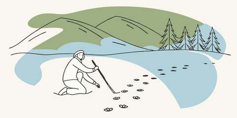 Aufkleber - Snowy Discovery A person traces a line of welldefined deer tracks in the snow with a stick their expression a mix of concentration and excitement. The scene includes a backdrop of