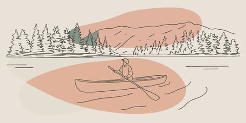 Poster - Stillness All Around The paddler pauses to take in the view leaning forward slightly in the canoe. The lake is so still that even the smallest movements feel magnified creating an