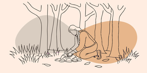 Poster - Stone Selection The same person leans slightly forward to examine the stones in their hands feeling their texture and weight. Sunlight filters through the trees casting dappled