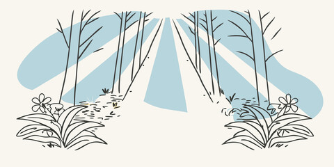 Poster - Sunbeams Breaking Through Sunlight streams through the dense canopy above casting dappled patterns of light and shadow on the trail. Soft rays illuminate s of wildflowers blooming