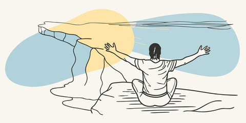 Poster - Stretching with a View An individual sits crosslegged at the cliffs edge stretching their arms wide as if to embrace the vast view of the ocean. The morning light casts gentle