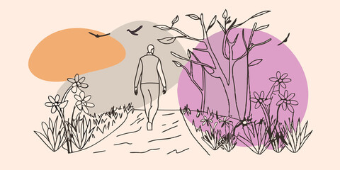 Poster - Sundappled Path A person strolls down a sunlit trail with shadows of leaves dancing on the ground. Bright flowers peek out between the grass along the sides of the path adding
