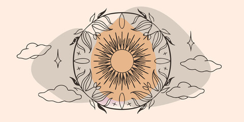 Aufkleber - Sun and Moon This mandala blends celestial themes with nature showcasing a sunburst in the center surrounded by swirling clouds and crescent moons. The edges are embellished with