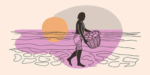 Poster - SunKissed Discovery As the sun rises a silhouette of a person striding along the beach with a woven basket in hand collecting shells. The soft morning light creates a magical