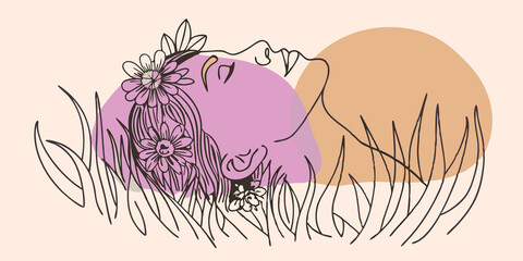 Poster - Sunny Daydream A person sprawls in a verdant field bathed in golden sunlight. Their hair is adorned with delicate flowers of various shapes creating a natural halo around their