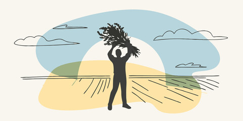 Poster - Sunset Gathering As the sun begins to set casting a warm glow over the field a person is silhouetted against the colorful sky. They stand tall a bundle of freshly lavender in one