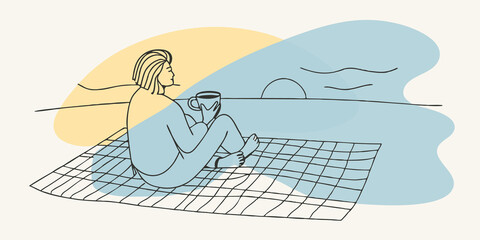 Poster - Sunset Bliss A person sits on a picnic blanket spread out on the ground gazing at the vibrant sunset. They enjoy a mug of coffee the warm orange and pink colors reflecting in their