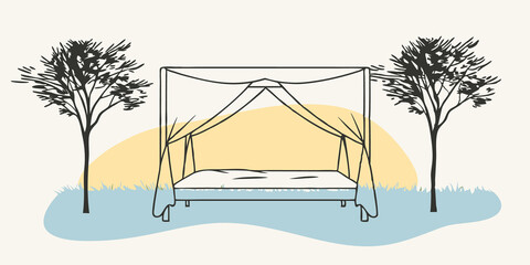 Aufkleber - Sunset Glow The canopy bed is positioned in a tranquil field during sunset. The warm hues of orange and pink blend beautifully in the sky casting a soft glow on the bed.