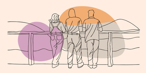 Poster - Sunset Moments The group stands on a viewpoint as the sun sets casting a golden hue over the landscape. They lean against each other taking in the view their phones tucked away in