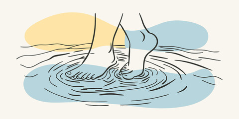 Poster - Sunset Serenity A person dips their toes into the stream at sunset the sky painted in hues of orange and pink. The water reflects these colors as they bask in the serene beauty of
