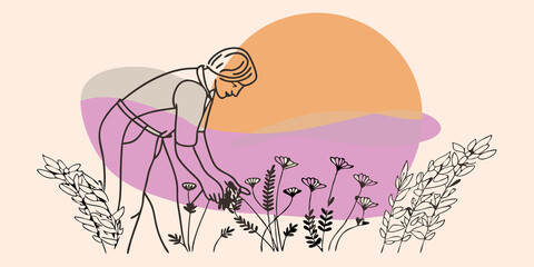 Poster - Sunset Serenity A silhouette of a person against the glow of a setting sun collecting wildflowers. The warm hues of the sky illuminate the field and the persons peaceful demeanor