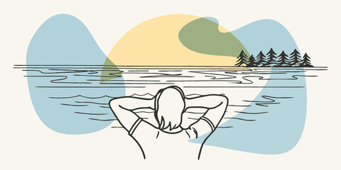 Poster - Sunset Glow The scene captures the moment just before sunset with warm hues of orange and gold reflecting off the water. The person relaxes tilting their head back to enjoy the