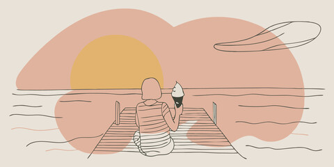Poster - Sunset Indulgence As the sun sets casting a golden glow on the lake a figure sits at a small wooden dock. They hold an ice cream cone with vibrant sprinkles their gaze fixed on the