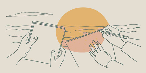 Poster - Sunset Inspiration As the sun begins to set the sky transforms into a canvas of oranges pinks and purples. The artists adjust their drawings to reflect the changing light eager to