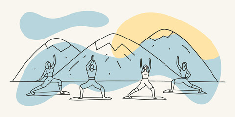 Aufkleber - Sunset Yoga As the day winds down a group is practicing in various poses against a backdrop of stunning sunset colors reflecting off the mountains. The vibrant orange and pink sky