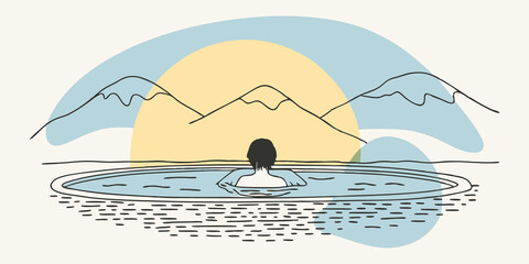 Poster - Sunset Relaxation A person sits in a hot spring as the sun sets casting golden hues on the water. The sky is painted with shades of orange and purple and silhouettes of mountains