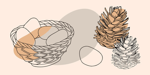 Aufkleber - Textures of Nature A textured closeup showing the different surfaces of the basket shells and pinecones. Focus on the woven fibers of the basket the smoothness of the stones and