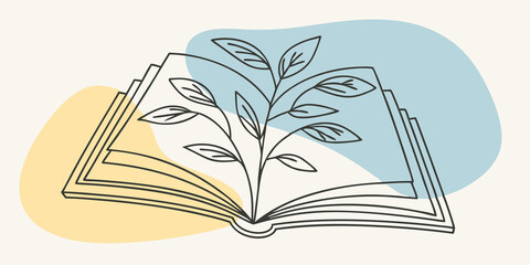 Poster - The Book of Seasons This illustration captures an open book with its pages vibrant with leaves of varying hues reminiscent of spring and fall. The soft breeze gently rustles the