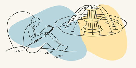 Poster - The Art of Stillness With the fountain as their muse the writer enjoys the tranquility of the moment. The journal adorned with sketches and notes reflects their innermost feelings