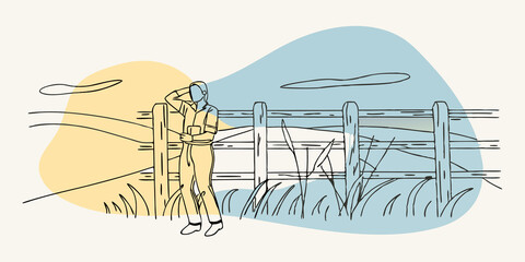 Aufkleber - Sunset Over Fields A figure leans against a wooden fence their canvas propped beside them as they blend warm oranges and purples to capture a sunset over waving fields of grass.