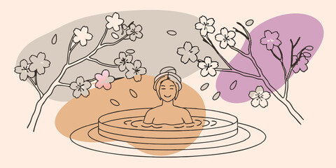 Poster - Surrounded by Blossoms Visualize a beautiful hot spring bordered by blooming cherry blossom trees. Petals gently fall into the water as the figure floats a soft smile on their face