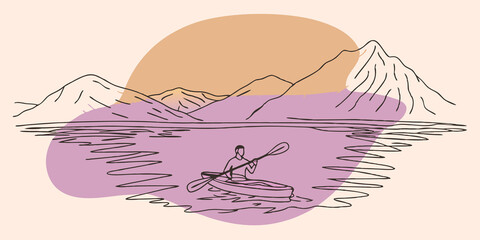 Poster - Sunset Swimmer As the sun sets behind the mountains a swimmer paddles slowly through the vibrant colors reflected on the lakes surface. The warm glow of the sunset casts a magical