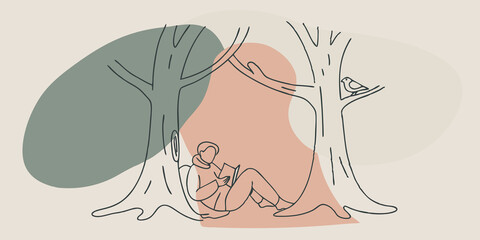 Poster - Sylvan Sanctuary A cozy nook formed by the branches of two intertwining trees offers shelter. A person leans against one of the trunks lost in the words of a poem. A small bird