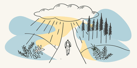 Poster - The Path Ahead As the figure walks the winding trail disappears into the fog creating a sense of mystery. Sunlight begins to break through the clouds illuminating patches of rich