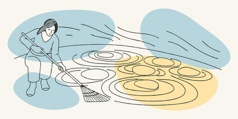 Poster - Thoughtful Arrangement Using a bamboo rake a person draws graceful lines in the sand around a of stones creating patterns that symbolize water ripples. Their focused expression