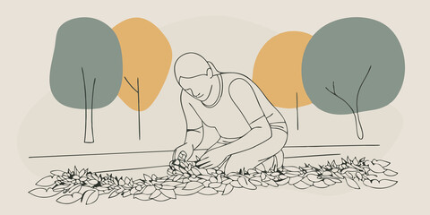 Poster - Thoughtful Assembly A person kneels in a verdant clearing focusing intently on their task. They seem to enter a meditative state each loop and tie of the garland carefully