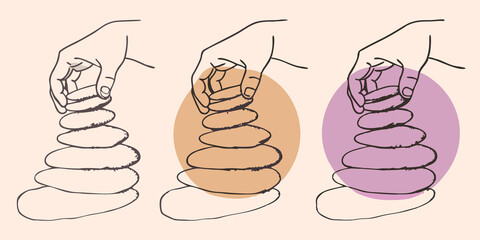 Aufkleber - The Stacking Process A sequence of images shows the individual carefully stacking stones each one more precarious than the last. The rocks are gradually rising higher illustrating