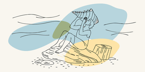 Poster - Thoughtful Moment The person sits on a large rock holding a conch shell up to their ear listening to the sound of the ocean. Surrounding them are pieces of driftwood and small