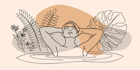 Poster - Tranquil Experience A person with a calm expression leans back against a smooth rock water gently lapping at their shoulders. Surrounding them are lush green ferns and small