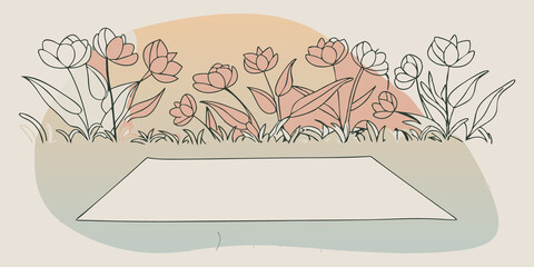 Poster - Tranquil Garden Scene A lush green garden filled with blooming flowers leafy plants and a soft grassy area. A cozy setup features a large plush towel spread on the ground inviting