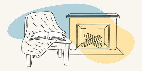 Aufkleber - Tranquil Retreat A closeup view of a cozy nook by the fireplace where a book lies open on a rustic wooden side table. The fireplace crackles softly in the background with a few