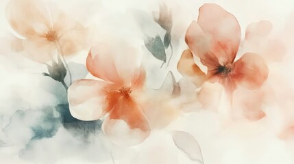 Poster - Soft watercolor painting of peach and gray flowers on white background.
