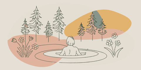 Poster - Tranquil Scene A person reclines in a steaming hot spring their silhouette slightly outlined by the rising steam. Tall lush trees surround the area casting gentle shadows on the