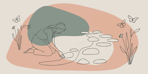 Poster - Tranquil Stream The individual kneels beside a gentle stream observing clear water flowing over smooth stones. Surrounding the stream wildflowers bloom in soft pastel hues while