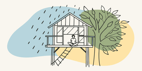 Poster - Treehouse Retreat Nestled in a whimsical treehouse a person sits crosslegged on the floor surrounded by cushions. Peeking out from a small window they marvel at the rain tapping on