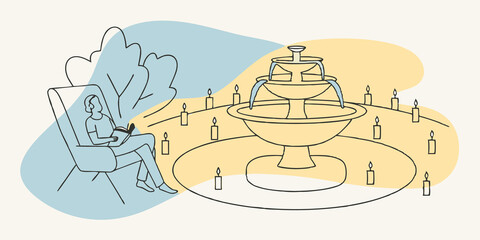 Poster - Tranquil Retreat A lone individual is nestled in a cozy chair next to the fountain a book resting in their lap. Candles p around them illuminate the pages and create an intimate