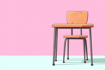Poster - A flat design of a classroom desk and chair, rendered in clean lines and soft pastel colors