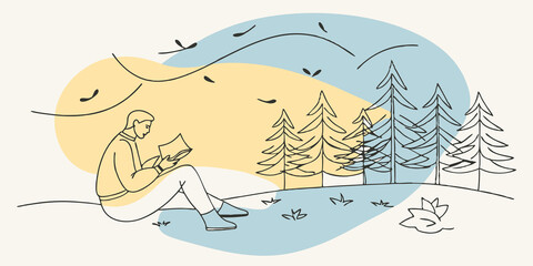 Poster - Twilight Reverie As the sun sets painting the sky in shades of orange and purple a person sits at the edge of a forest clearing reading aloud from a thin paperback. The twilight