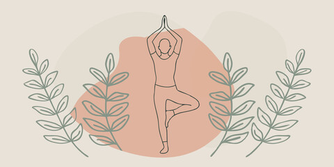 Poster - Tree Pose Amidst a serene backdrop of leafy green ferns an individual balances on one leg in a tree pose. The opposite foot rests against the inner thigh and arms are raised above