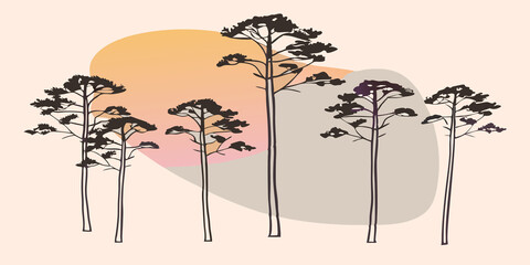 Aufkleber - Tree Silhouettes Against a Colorful Sky The sun peeks above the horizon painting the sky in warm hues of orange pink and purple. The outlines of tall trees create a striking