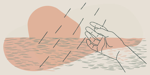 Poster - Water Droplets on Hands After reaching into the water to feel the cool depths the person lifts their hand water droplets cascading down their fingers. The tide pool reflects the