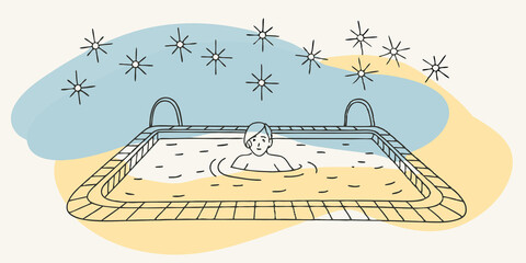 Poster - Warm Glow The scene captures a person lounging in the hot spring their body halfsubmerged in the inviting water. Soft lanterns line the edges of the spring adding a warm glow while