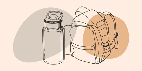 Poster - Water Bottle Focus A sleek reusable water bottle lies beside the backpack glimmering under the sunlight. Its made of stainless steel showcasing a matte finish and a wide mouth for