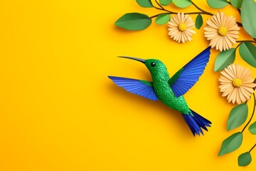 Poster - A flat design of a hummingbird hovering near a flower, with vibrant colors and clean lines
